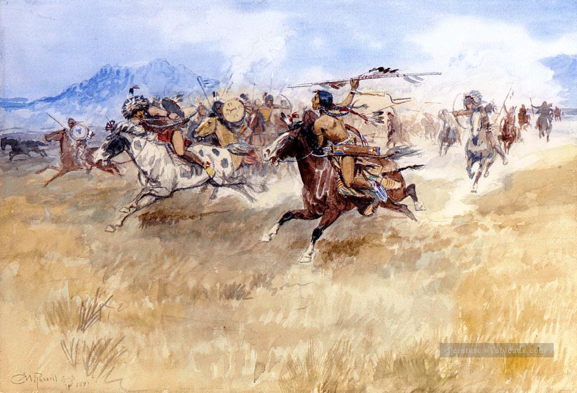 la bataille entre les Pieds   Noirs et les Piégans 1897 Charles Marion Russell Peintures à l'huile